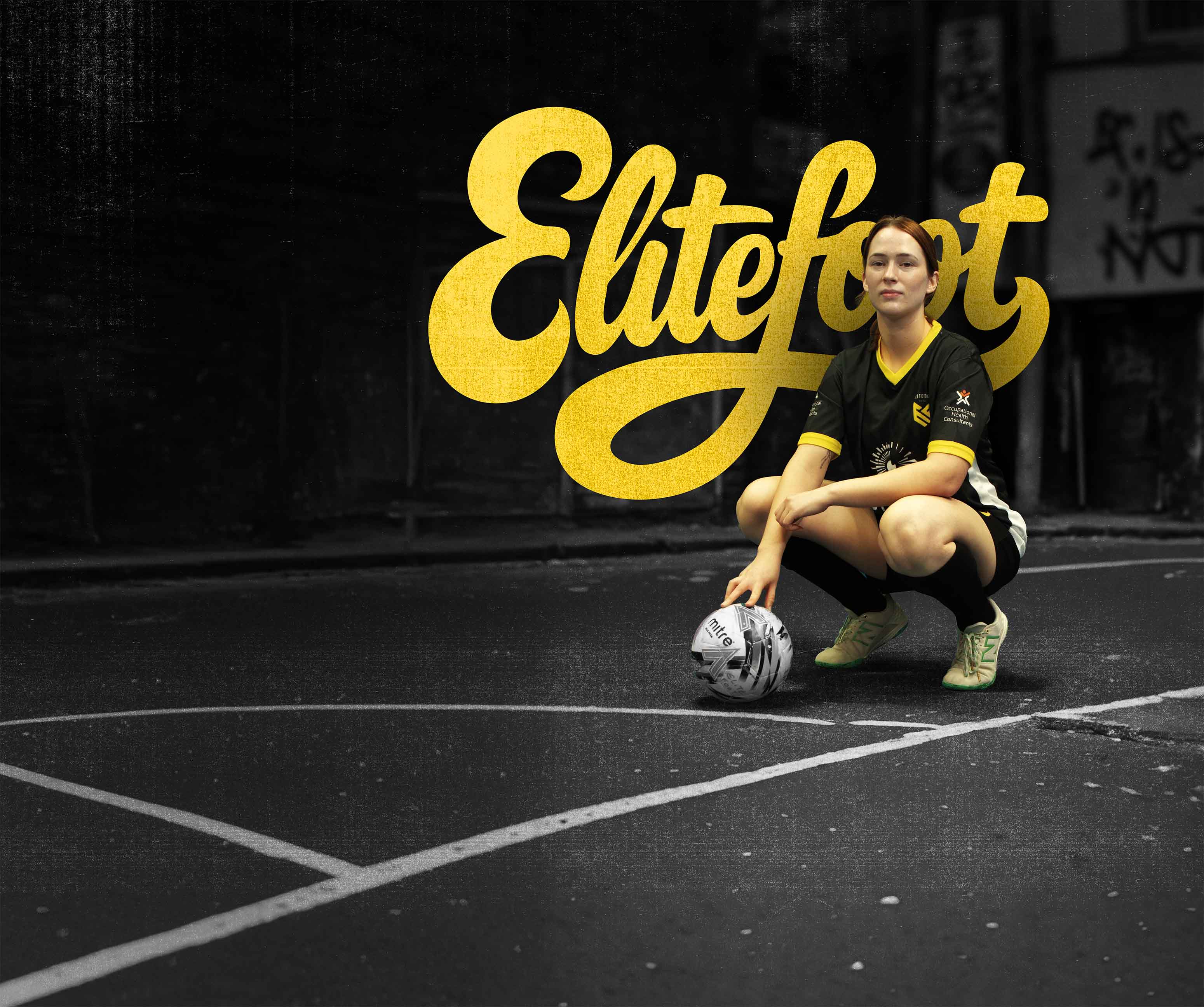 Elitefoot homepage background. Female player with ball and large logo.